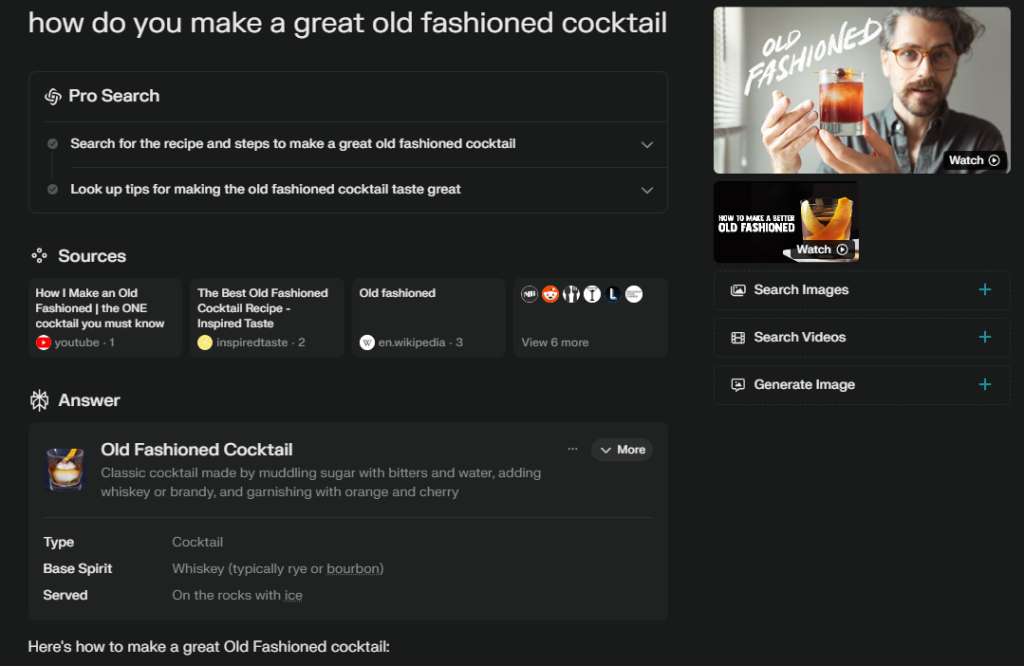 Perplexity AI Search result for 'Old Fashioned'